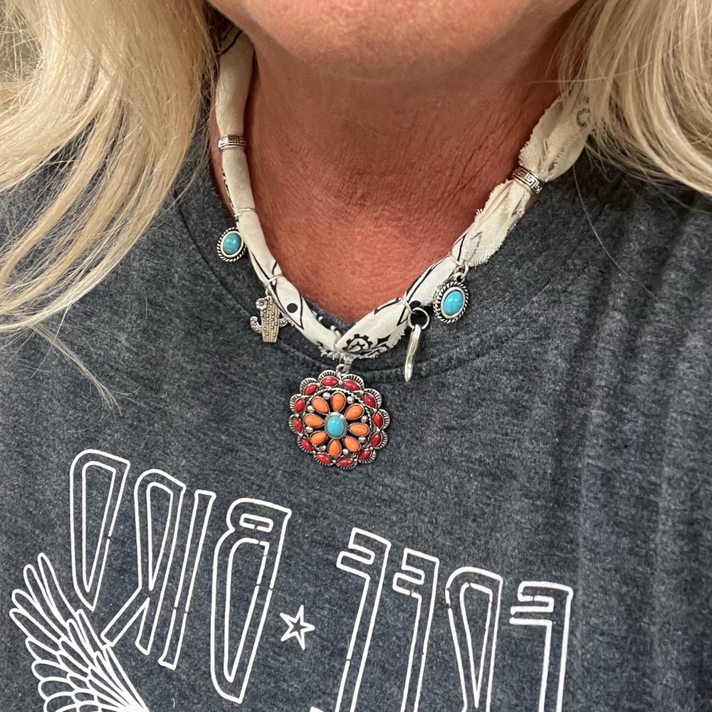 Bandana handmade Blue and Silver Necklace with Medallion Pendant